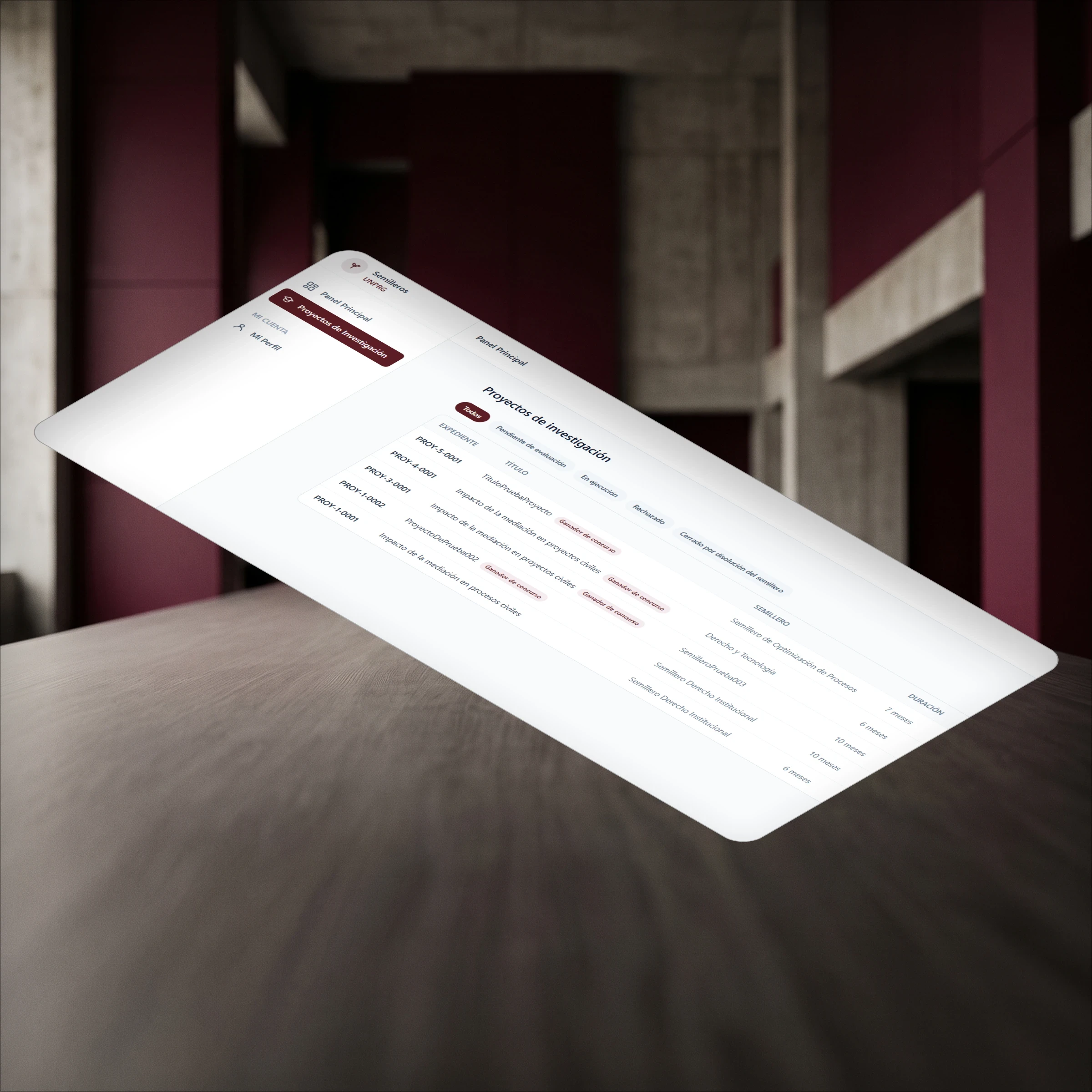 Interfaz de proyectos de investigación - Rol de Docente